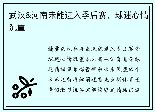 武汉&河南未能进入季后赛，球迷心情沉重